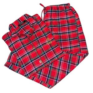 Lauren Ralph Lauren Red Plaid Long Sleeve Fleece Button Pajama PJ Set Medium